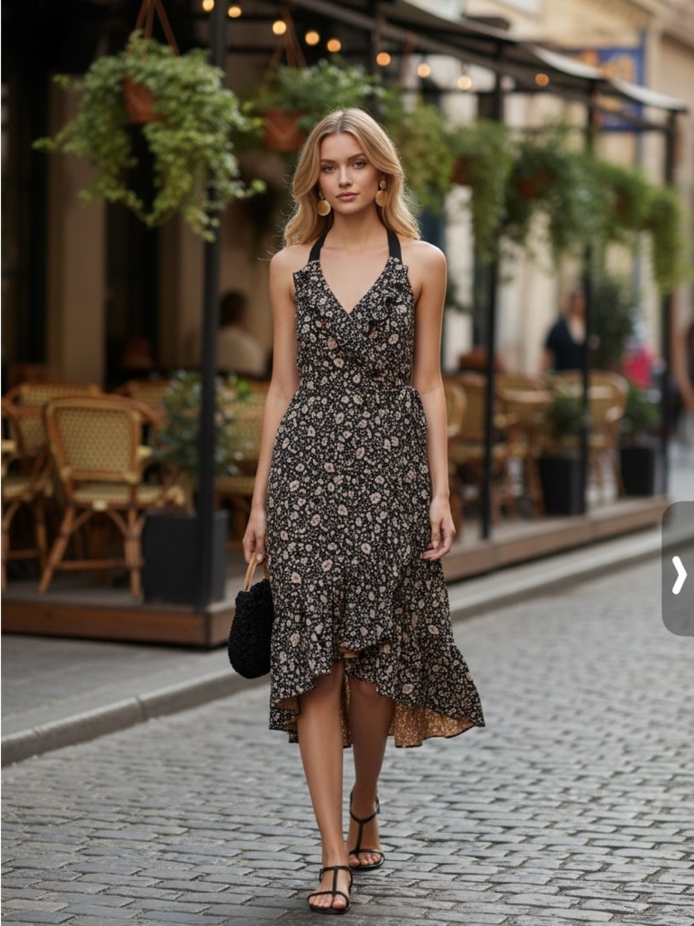 Scotch & Soda Black Floral Halter High-Low Dress with Cream Blooms